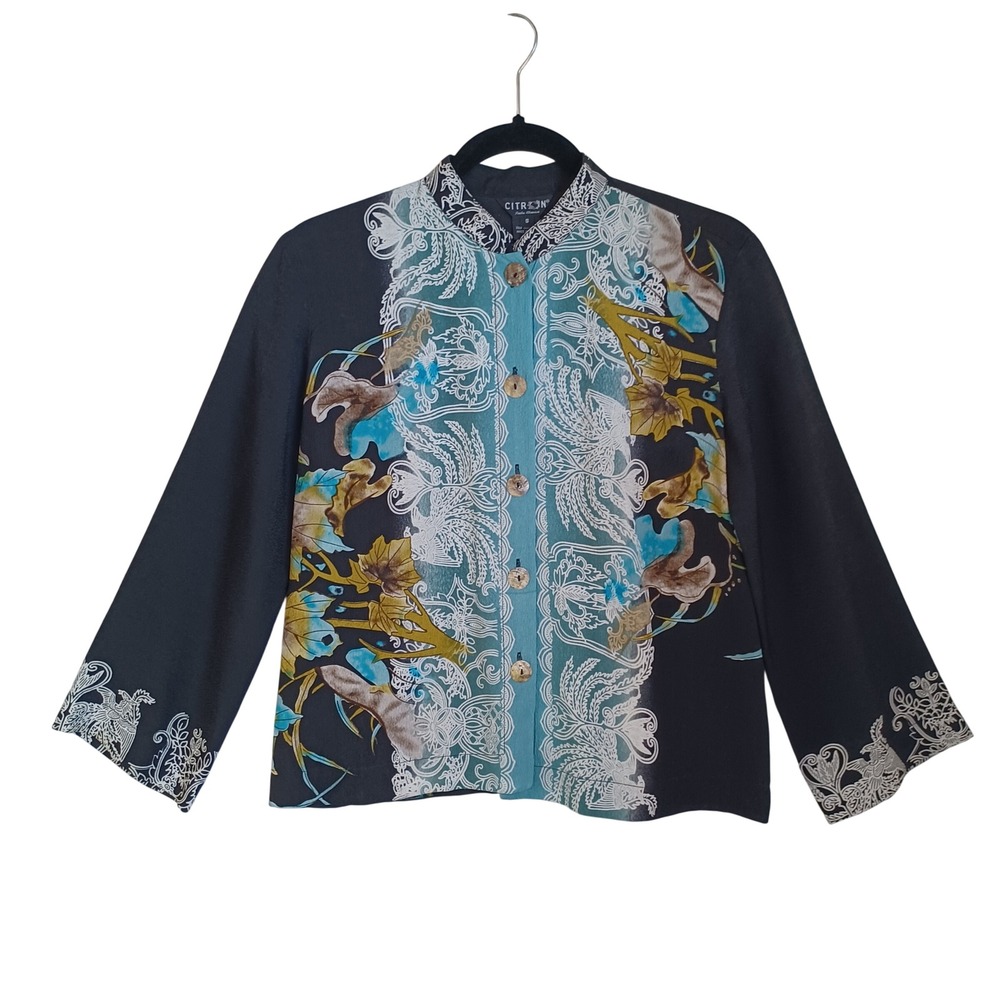 Citron Santa Monica Womens‎ Small Black Floral Butterfly Mandarin Collar Jacket
